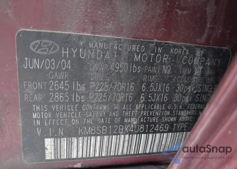 2004 Hyundai Santa Fe from USA, damaged, VIN KM8SB12BX4U812469